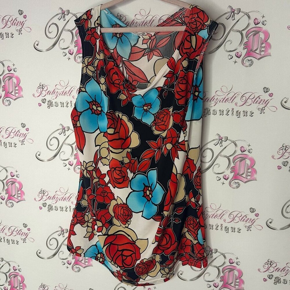 Forever 21 tank top Floral Sleeveless Top with Red and Blue Flowers tattoo style